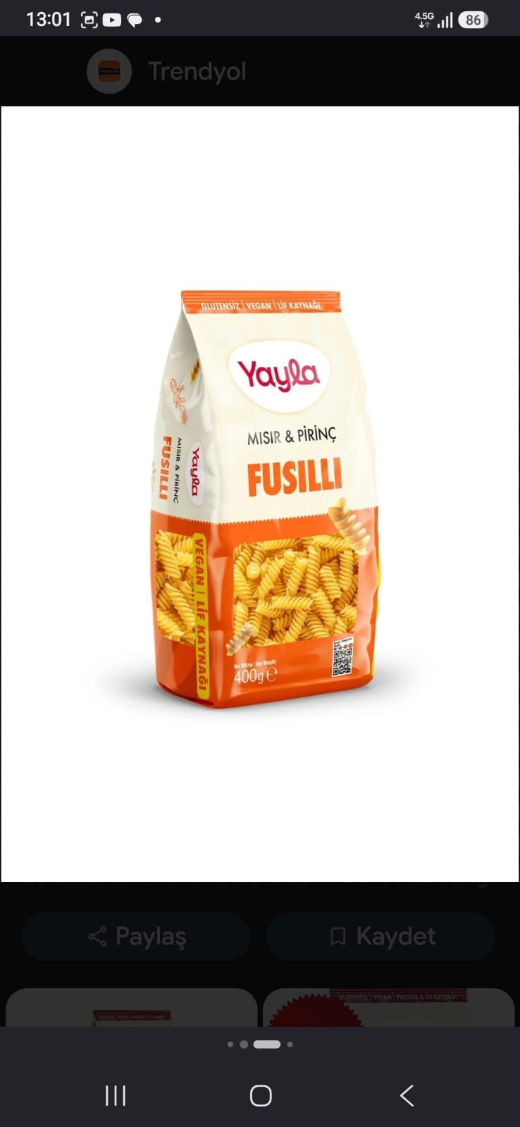 Yayla Makarna Mısır ve pirinç  Fusili
